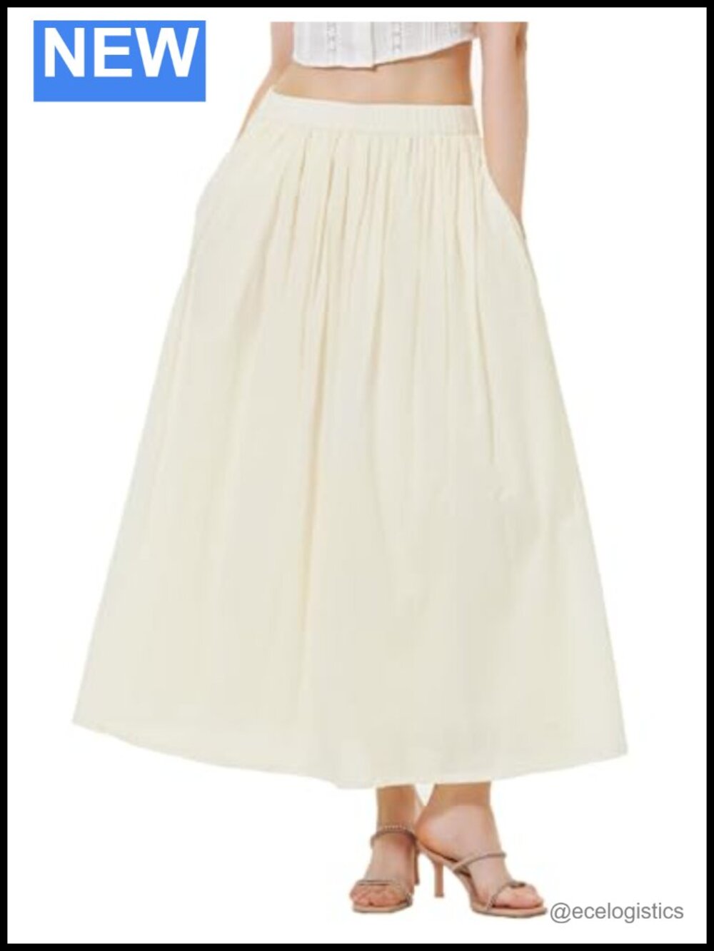 100% Cotton Maxi Skirt Elastic Waist Pockets A-Line Ankle Length